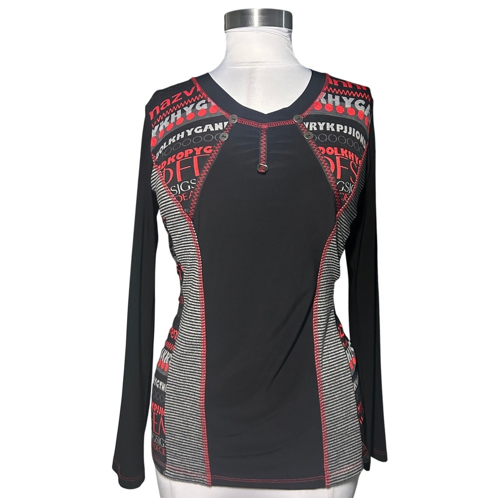 Y2k Cyber Bali Long Sleeve Top XS Black Red Mixed Print Contrast Stitching
